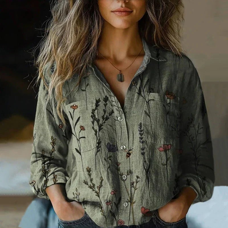 Women's Bohemian Paisley Print Long-Sleeve Button-Down Blouse - Green