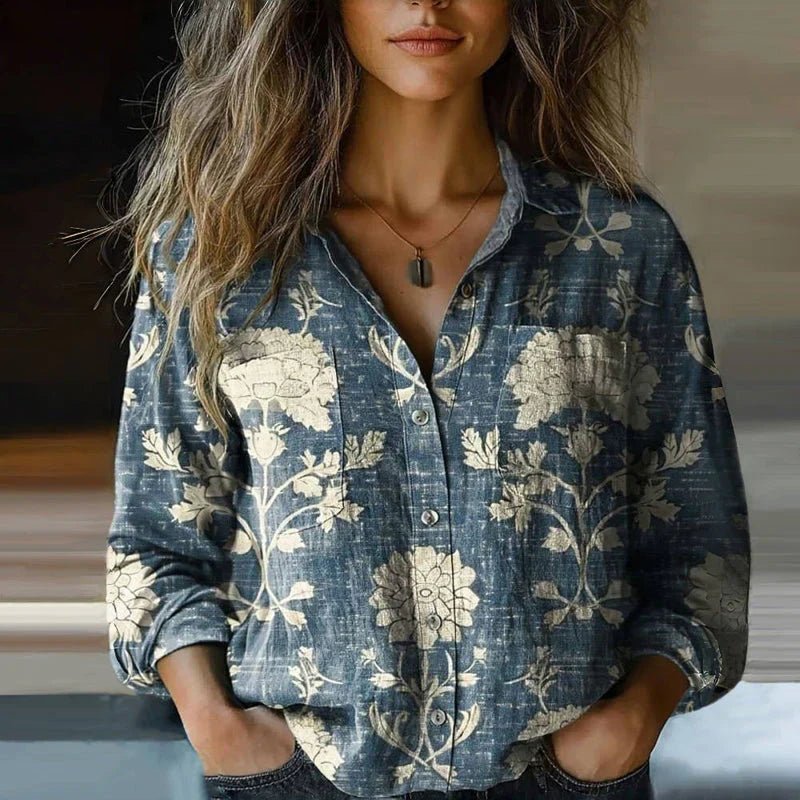 Women's Bohemian Paisley Print Long-Sleeve Button-Down Blouse - Blue