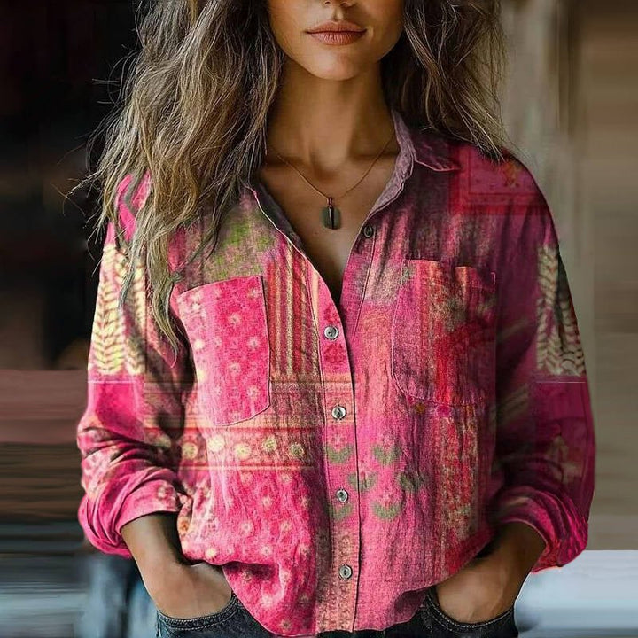 Women's Bohemian Paisley Print Long-Sleeve Button-Down Blouse - Pink