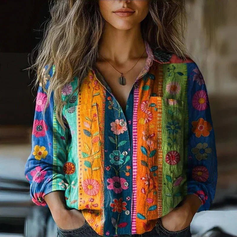 Women's Bohemian Paisley Print Long-Sleeve Button-Down Blouse - Multicolored