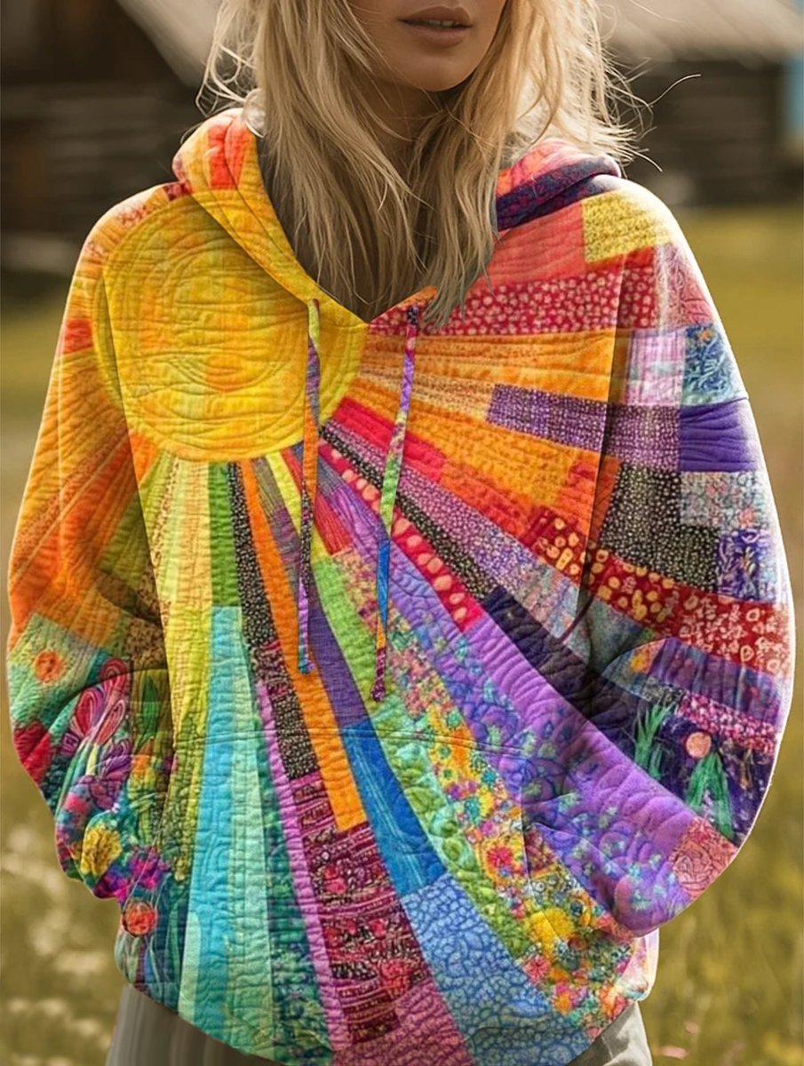 Women's Bohemian Patchwork Quilted Pullover Hoodie Sweater - Multicolor