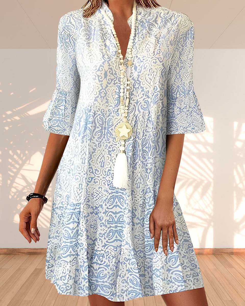 Women's Bohemian Print Loose-Fit V-Neck Tunic Dress