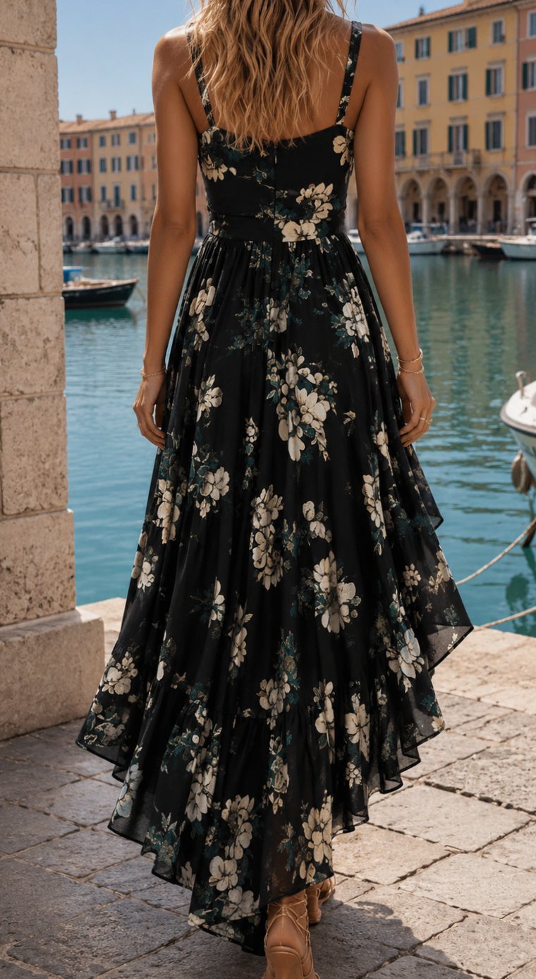 Women's Boho Black Floral High-Low Asymmetric Sundress