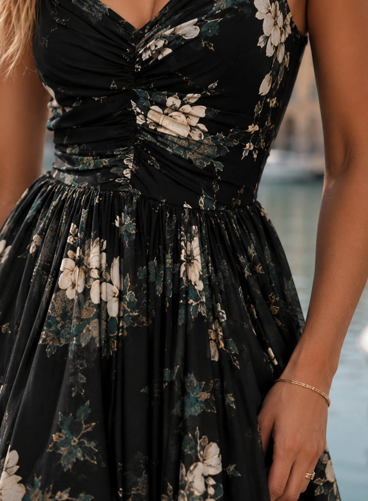 Women's Boho Black Floral High-Low Asymmetric Sundress