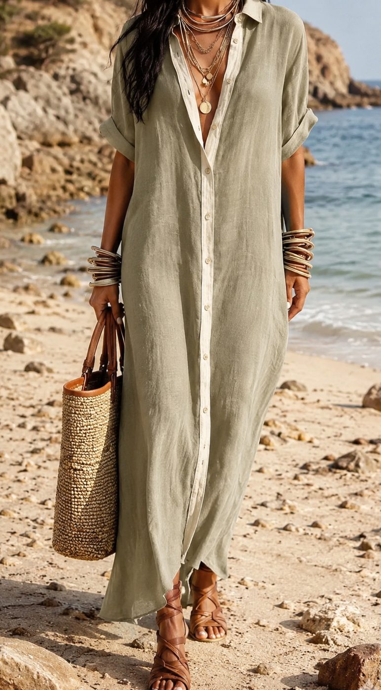 Women's Boho Button-Down Relaxed Maxi Shirt Dress - Khaki
