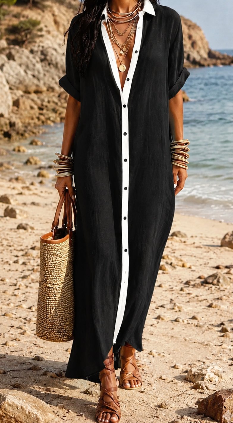 Women's Boho Button-Down Relaxed Maxi Shirt Dress - Black