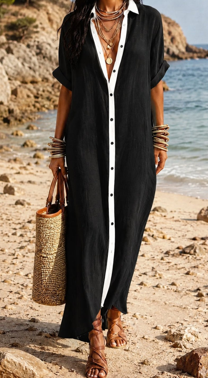 Women's Boho Button-Down Relaxed Maxi Shirt Dress - Black