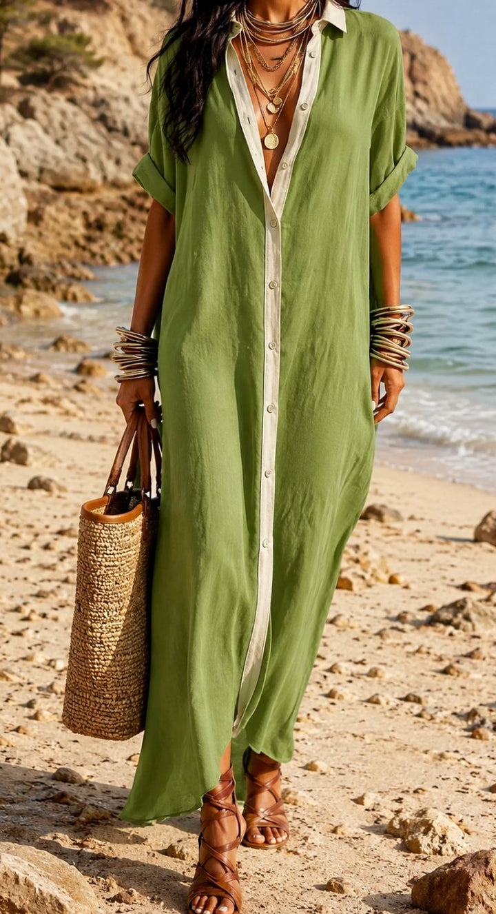 Women's Boho Button-Down Relaxed Maxi Shirt Dress - Green