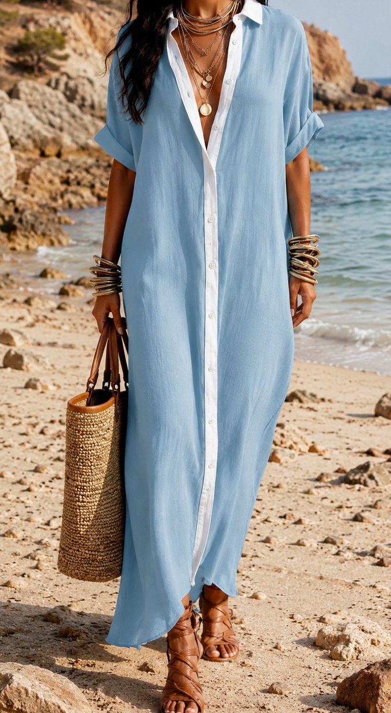 Women's Boho Button-Down Relaxed Maxi Shirt Dress - Light Blue