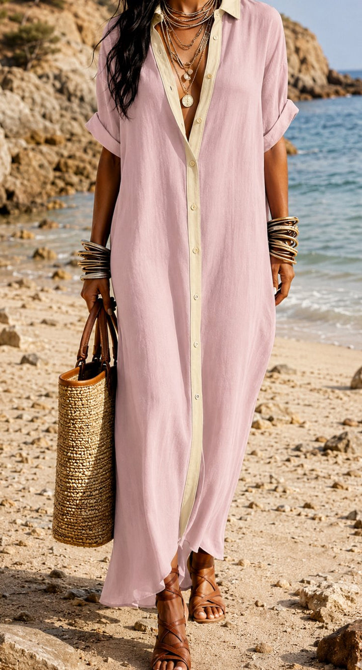 Women's Boho Button-Down Relaxed Maxi Shirt Dress - Pink