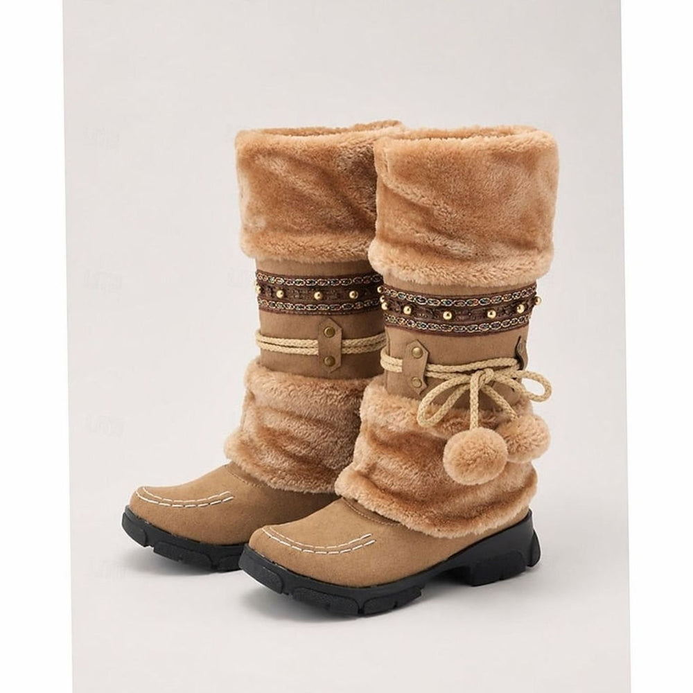 Women's Boho Faux-Fur Cuff Slip-On Mid-Calf Winter Snow Boots - Brown