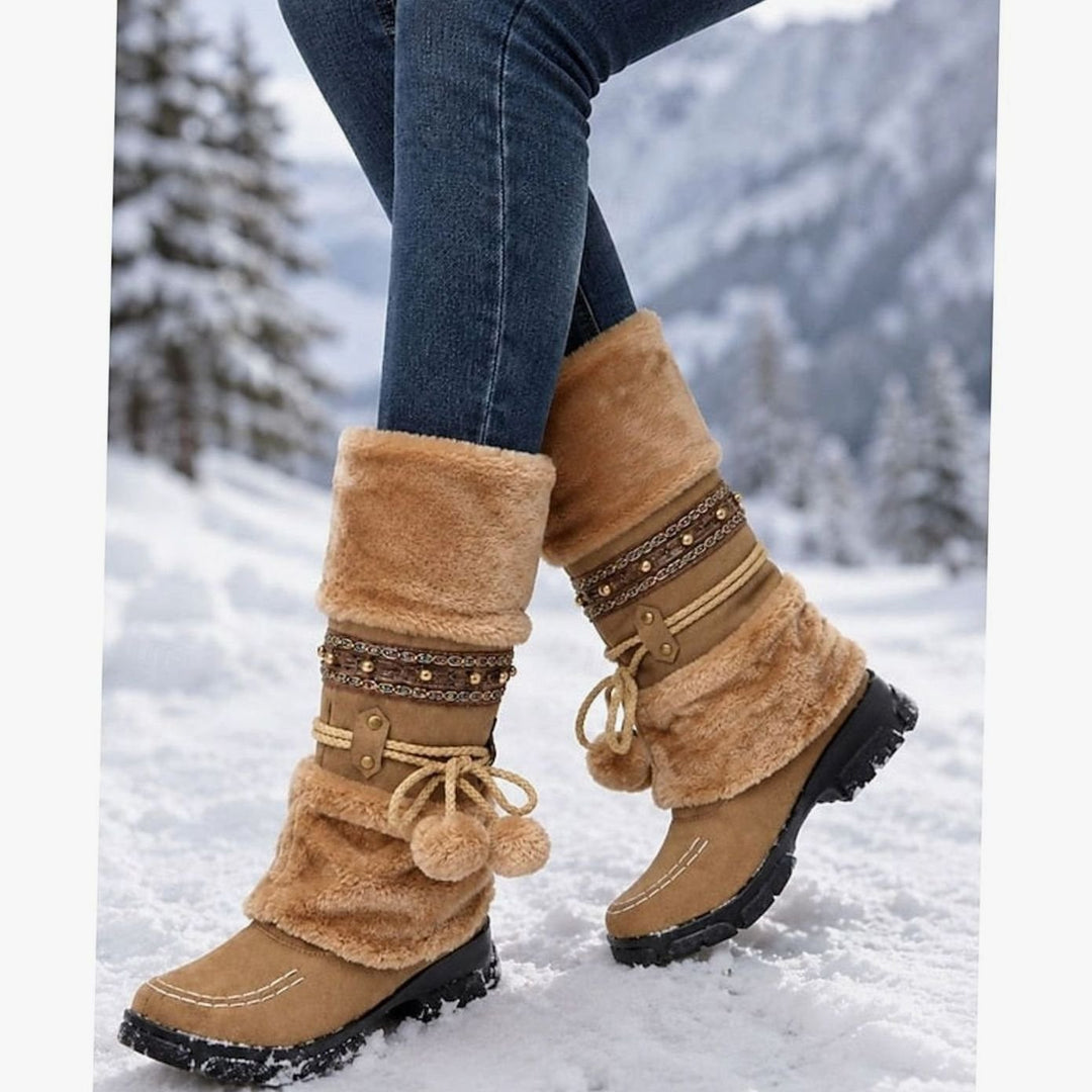 Women's Boho Faux-Fur Cuff Slip-On Mid-Calf Winter Snow Boots