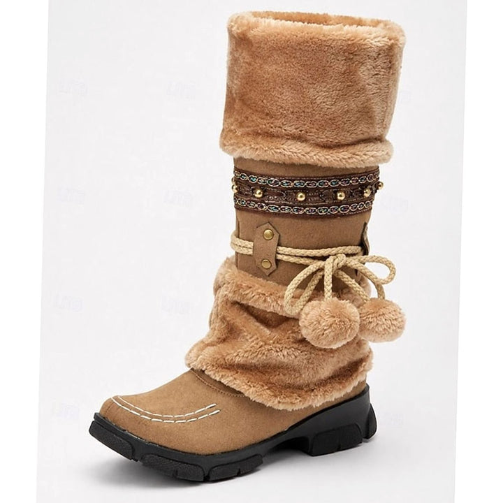 Women's Boho Faux-Fur Cuff Slip-On Mid-Calf Winter Snow Boots