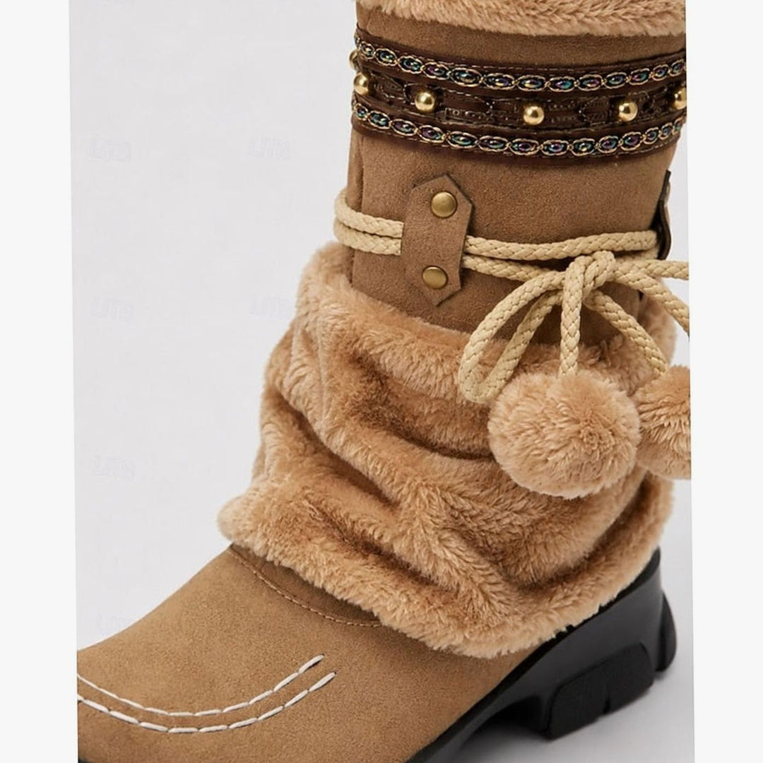Women's Boho Faux-Fur Cuff Slip-On Mid-Calf Winter Snow Boots