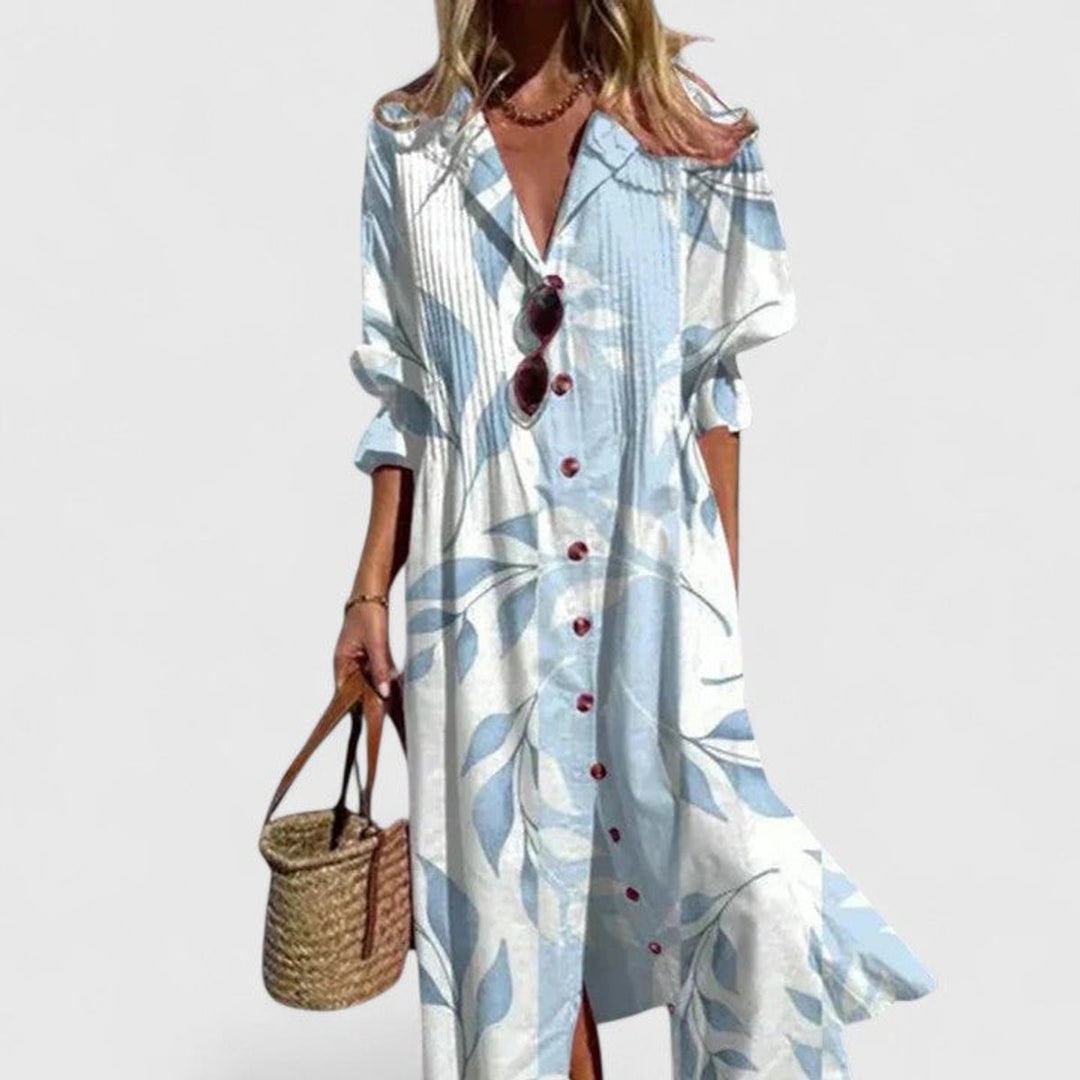 Women's Boho Floral Button-Down Long Sleeve Dress Midi - Sky Blue