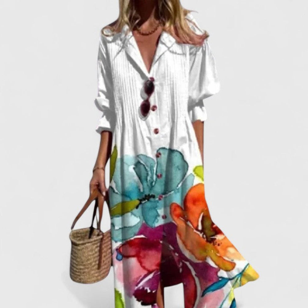 Women's Boho Floral Button-Down Long Sleeve Dress Midi - White