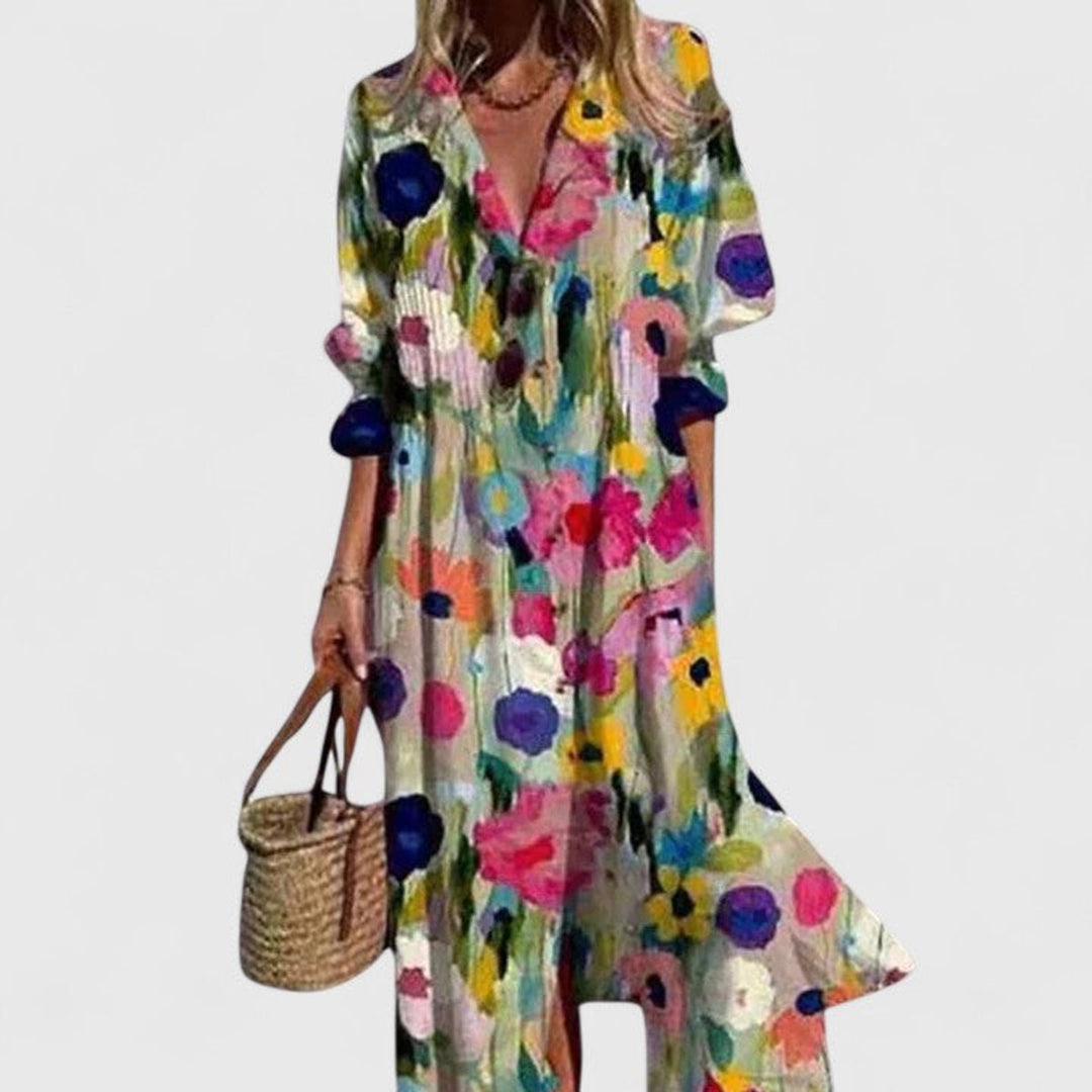 Women's Boho Floral Button-Down Long Sleeve Dress Midi - Multicolor 1