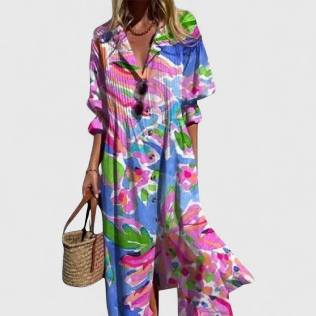 Women's Boho Floral Button-Down Long Sleeve Dress Midi - Red