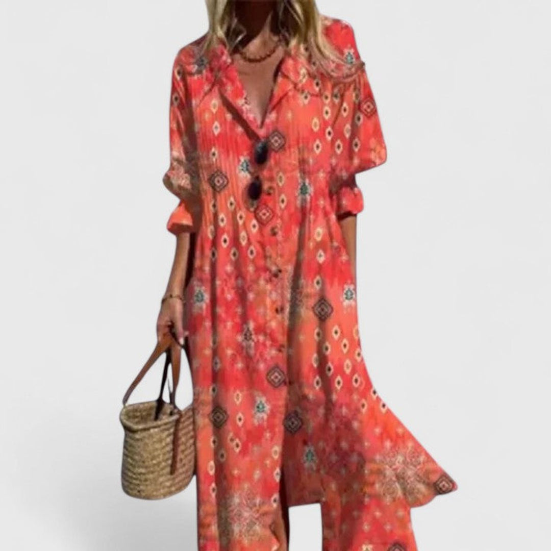 Women's Boho Floral Button-Down Long Sleeve Dress Midi - Rouge Red