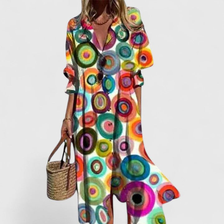 Women's Boho Floral Button-Down Long Sleeve Dress Midi - Multicolor 2