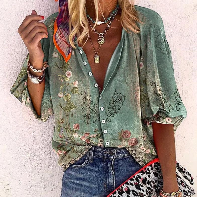 Women's Boho Floral Button-Down Long Sleeve V-Neck Blouse - Green