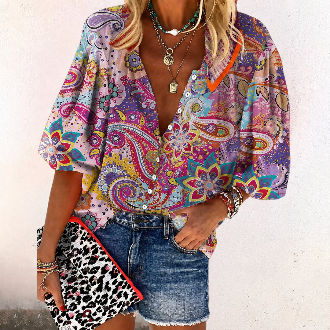 Women's Boho Floral Button-Down Long Sleeve V-Neck Blouse - Pink