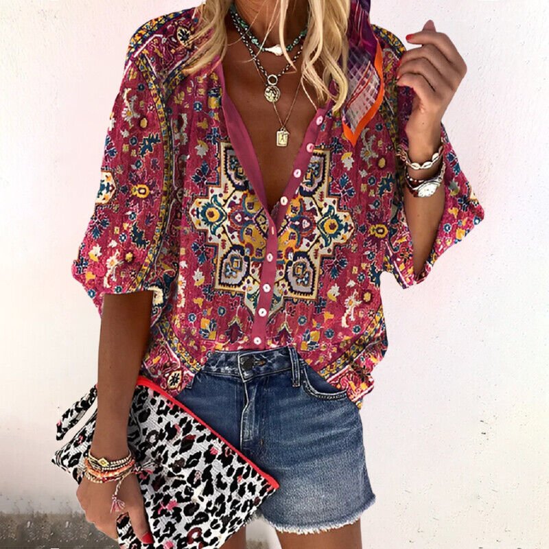 Women's Boho Floral Button-Down Long Sleeve V-Neck Blouse - Red