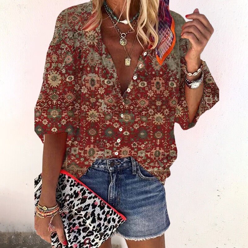 Women's Boho Floral Button-Down Long Sleeve V-Neck Blouse - Brown