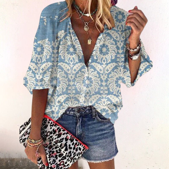 Women's Boho Floral Button-Down Long Sleeve V-Neck Blouse - Blue