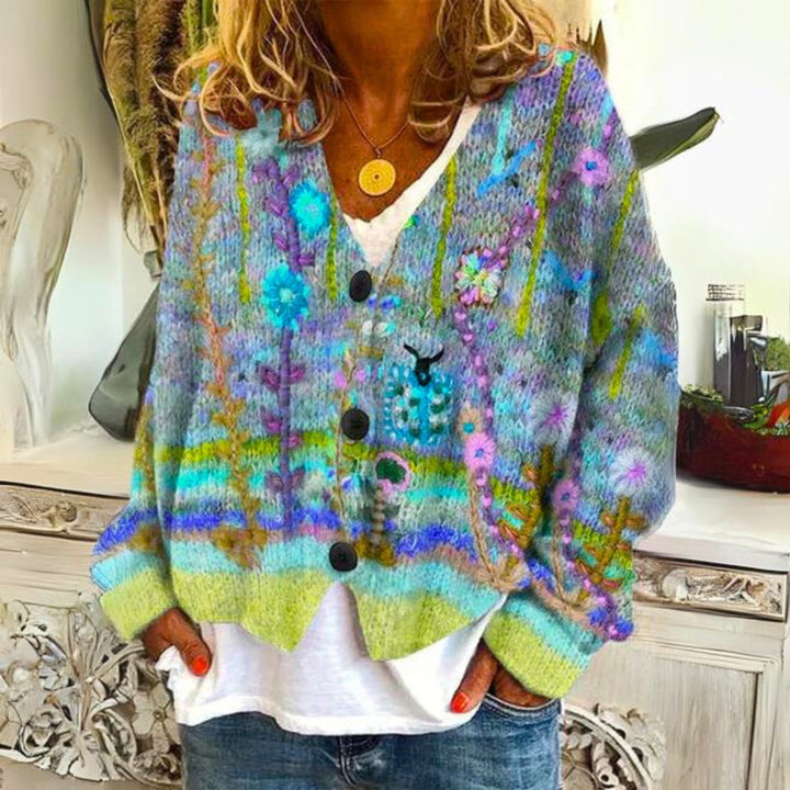 Women's Boho Floral Embroidered Button-Front Knit Sweater Cardigan - Green