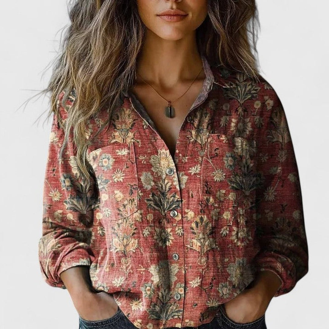 Women's Boho Floral Long Sleeve Button-Front Blouse - Red