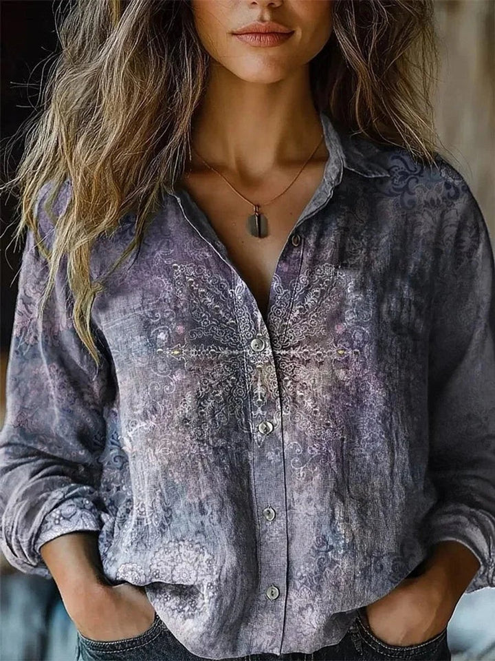 Women's Boho Floral Long Sleeve Button-Front Blouse - Purple