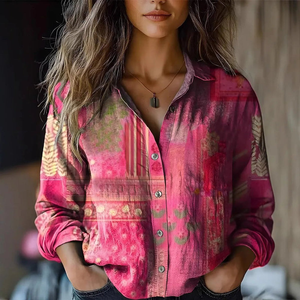 Women's Boho Floral Long Sleeve Button-Front Blouse - Pink