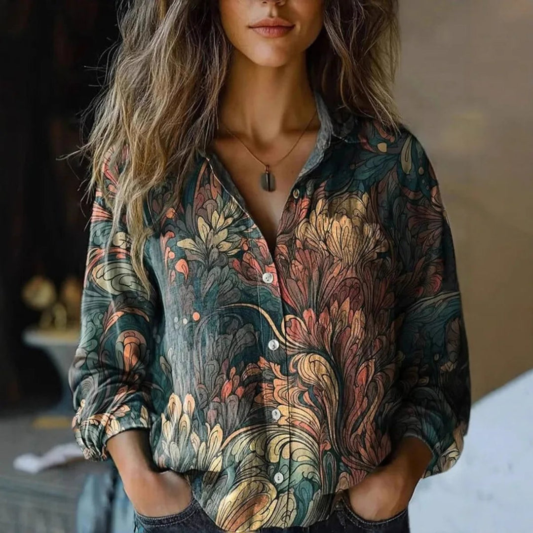 Women's Boho Floral Long Sleeve Button-Front Blouse - Dark Green