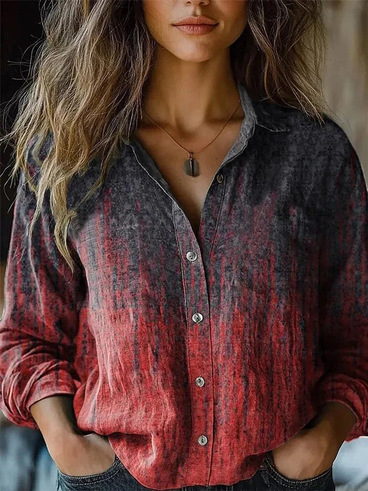 Women's Boho Floral Long Sleeve Button-Front Blouse - Red-Dark Grey