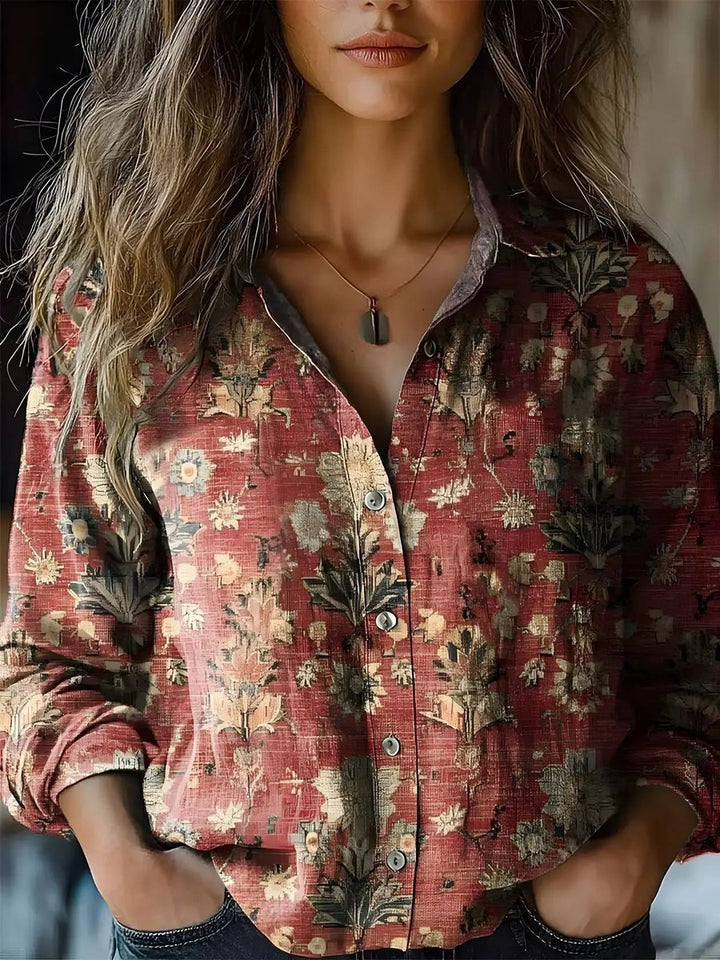 Women's Boho Floral Long Sleeve Button-Front Blouse