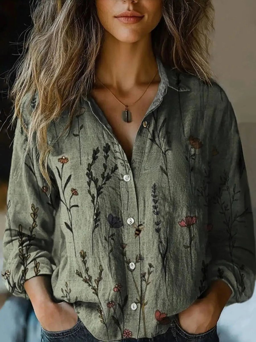 Women's Boho Floral Long Sleeve Button-Front Blouse - Olive Green