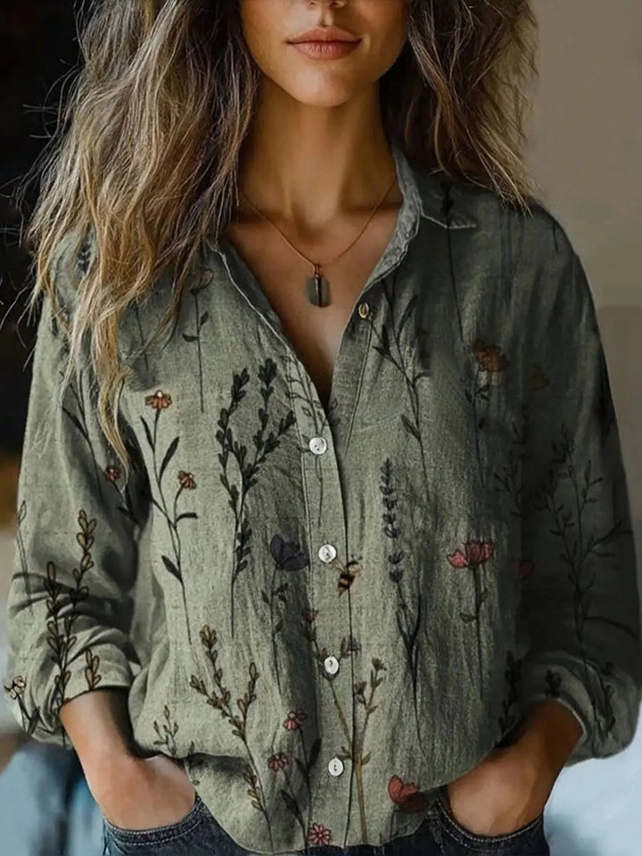 Women's Boho Floral Long Sleeve Button-Front Blouse - Olive Green