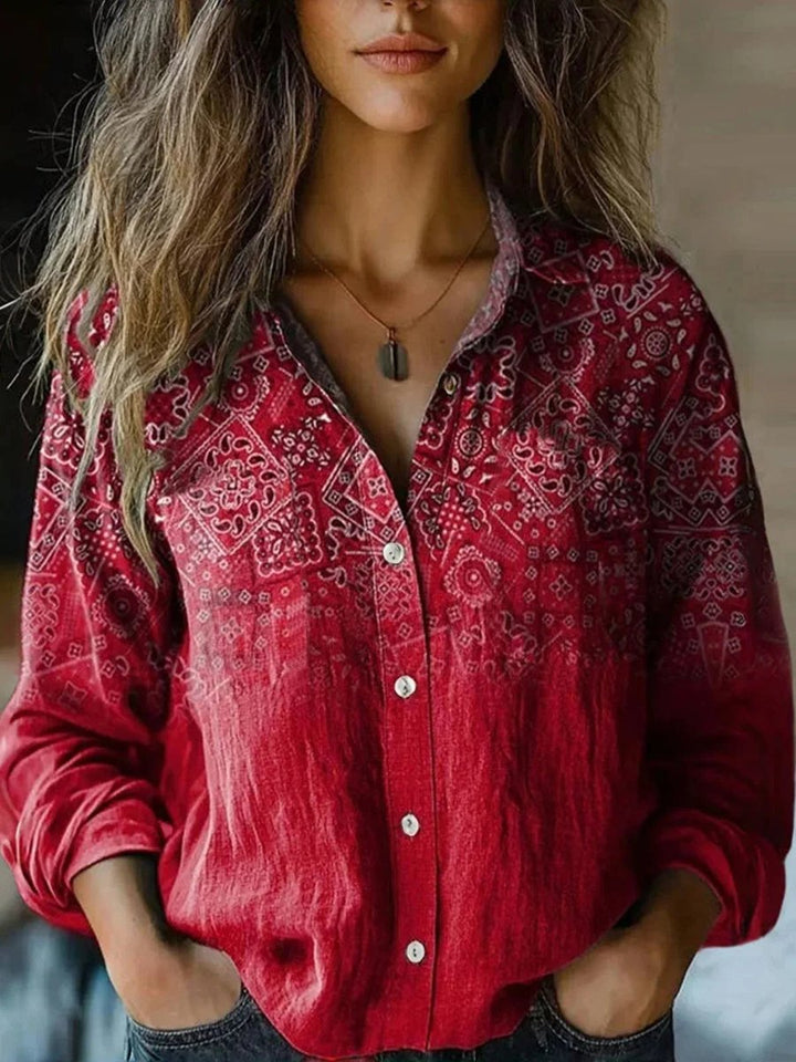Women's Boho Floral Long Sleeve Button-Front Blouse - Deep Red