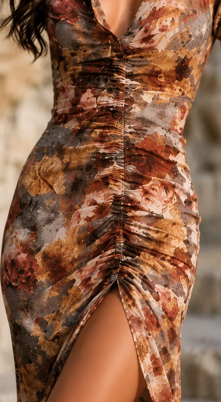 Women's Boho Floral Print Ruched V-Neck Midi Sundress