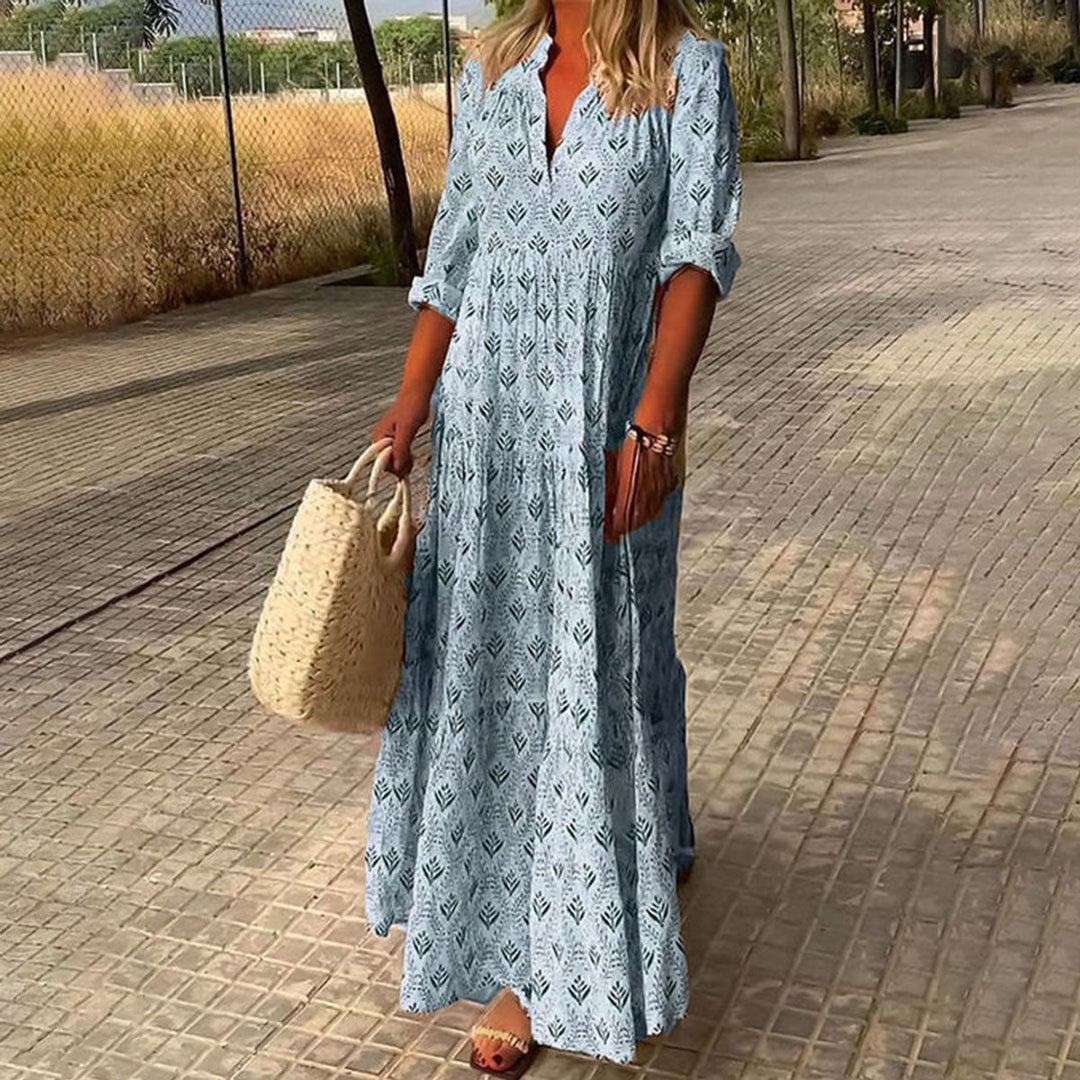 Women's Boho Floral Print Tiered Maxi Cocktail Party Dress - Blue