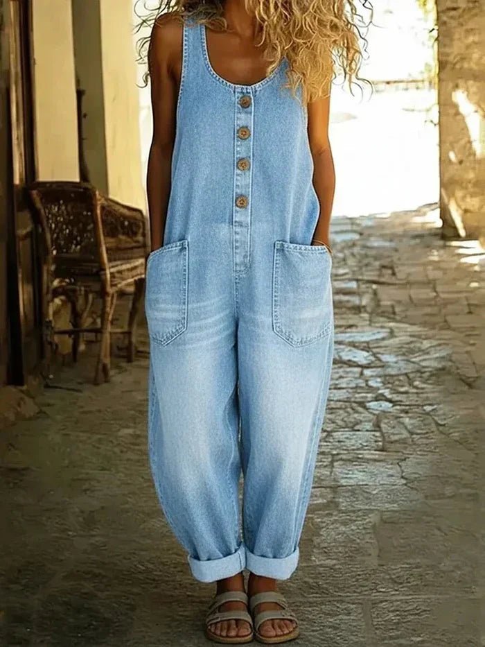Women's Boho Loose-Fit Sleeveless Denim Bib Overalls Jumpsuit - Light Blue