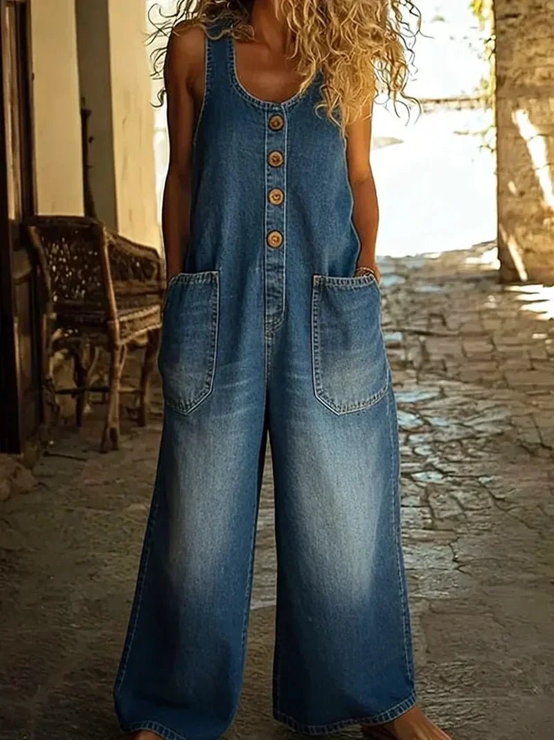 Women's Boho Loose-Fit Sleeveless Denim Bib Overalls Jumpsuit - Blue