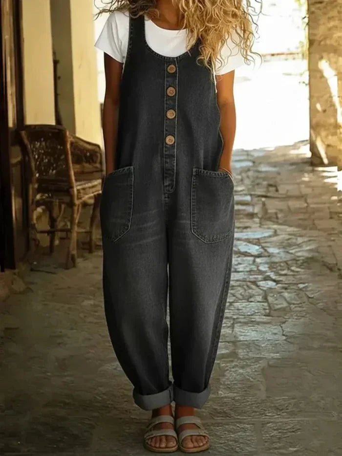 Women's Boho Loose-Fit Sleeveless Denim Bib Overalls Jumpsuit - Black
