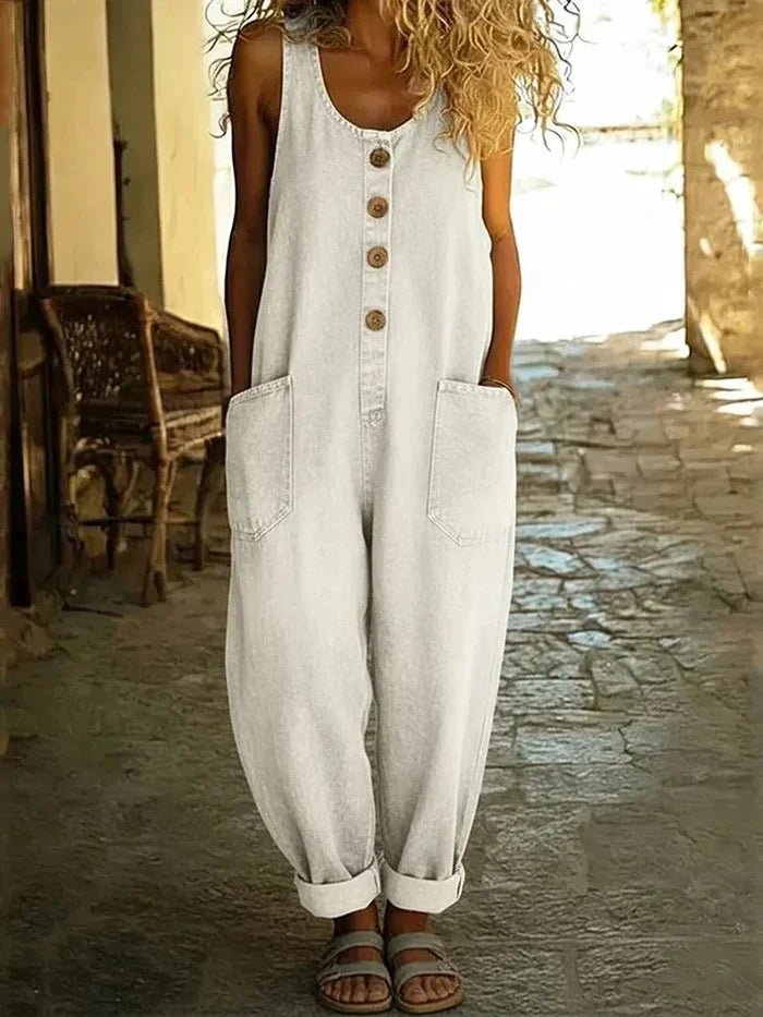 Women's Boho Loose-Fit Sleeveless Denim Bib Overalls Jumpsuit - White