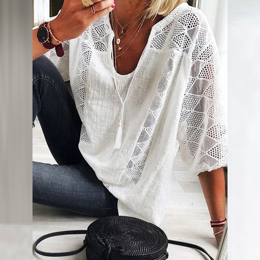 Women's Boho Loose-Fit Three-Quarter Sleeve Crochet Blouse - White(Only 3 left!)