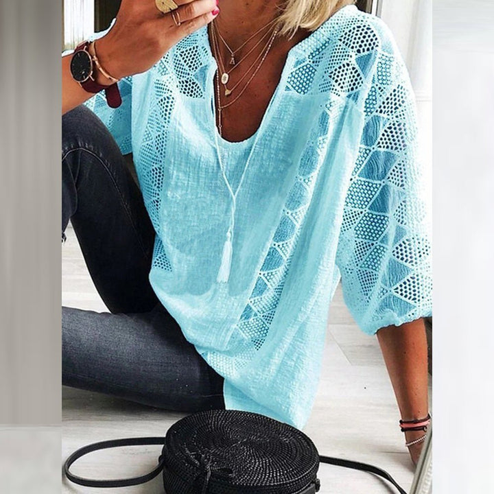 Women's Boho Loose-Fit Three-Quarter Sleeve Crochet Blouse - Light Blue (Only 2 left!)