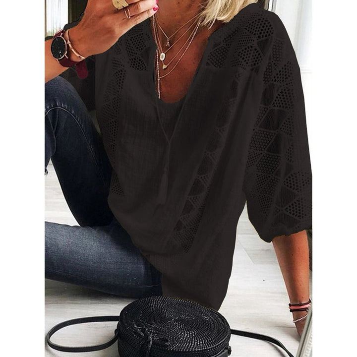 Women's Boho Loose-Fit Three-Quarter Sleeve Crochet Blouse - Black