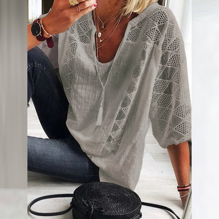 Women's Boho Loose-Fit Three-Quarter Sleeve Crochet Blouse - Grey(Only 6 left!)
