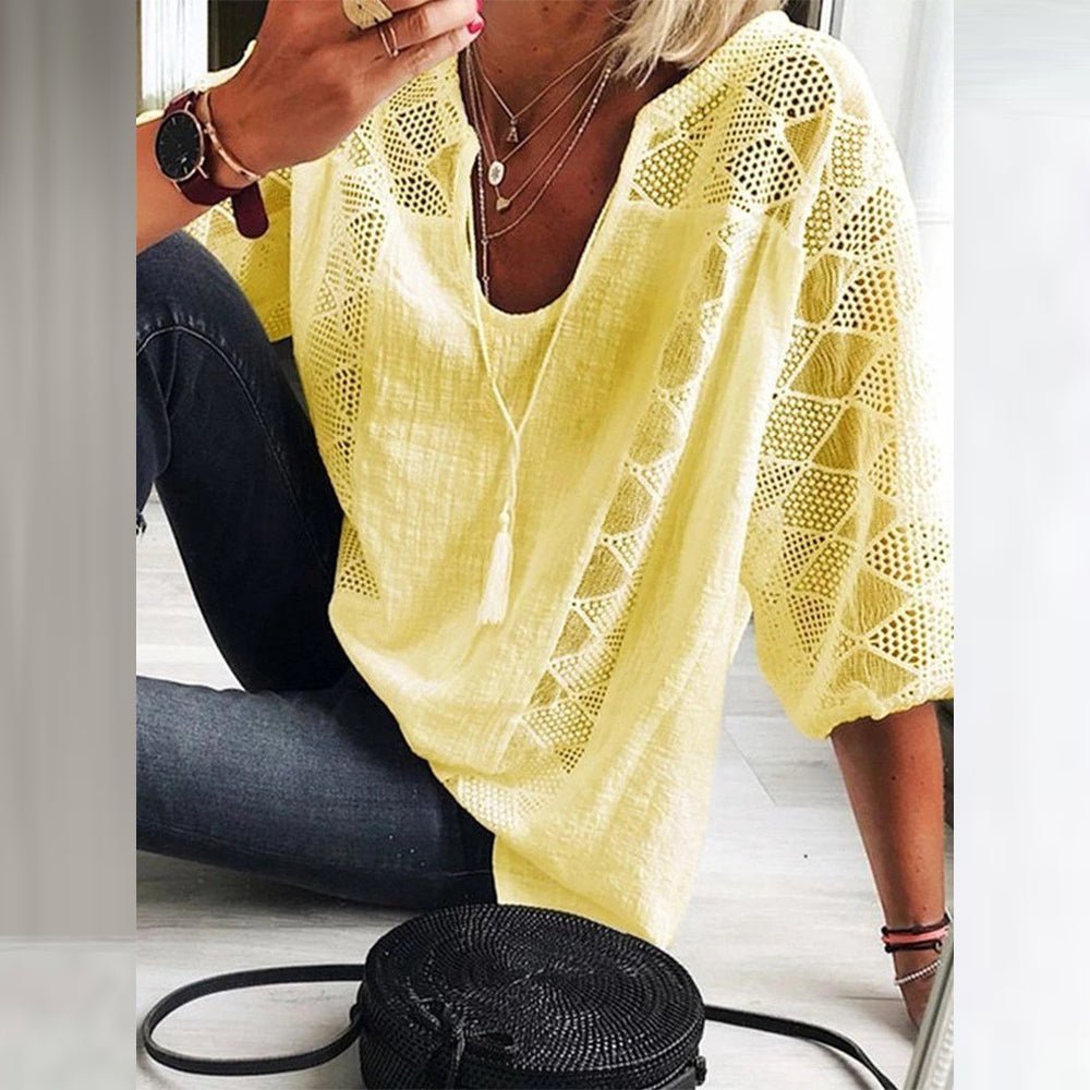 Women's Boho Loose-Fit Three-Quarter Sleeve Crochet Blouse - Yellow